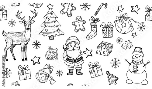 Christmas Doodle Seamless Pattern Hand Drawn Holiday Vector Set