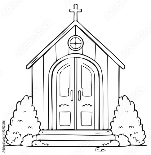 Simple cartoon drawing of a church with arched doors and crosses on top