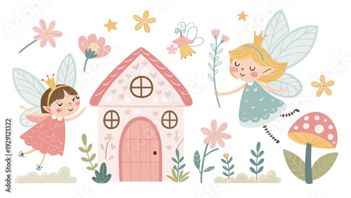 Whimsical fairies dancing around magical pink house with flowers