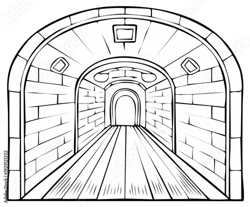 Black and white line art illustration of a stone tunnel archway with wooden floor and deep perspective