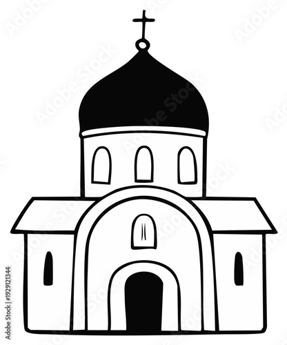 Hand drawn outline illustration of a Christian church with dome and cross Religious building doodle art