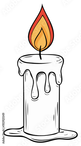 Cartoon candle burning with dripping wax, drawn with bold outlines and vibrant flame.