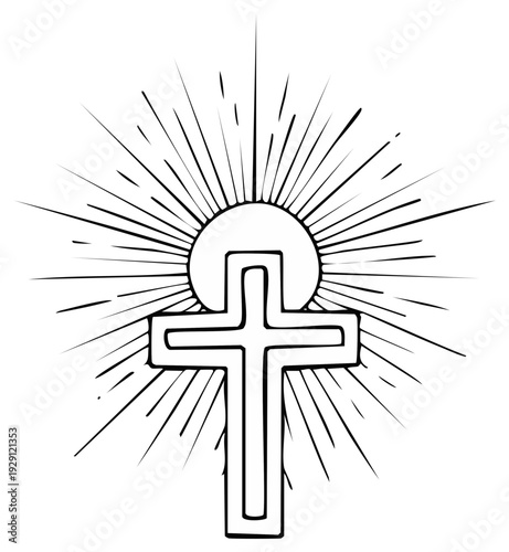 Christian cross with radiating sunburst lines and circular halo effect