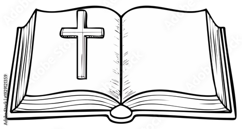 Open book with a Christian cross symbol on a page, hand-drawn illustration style, spiritual concept