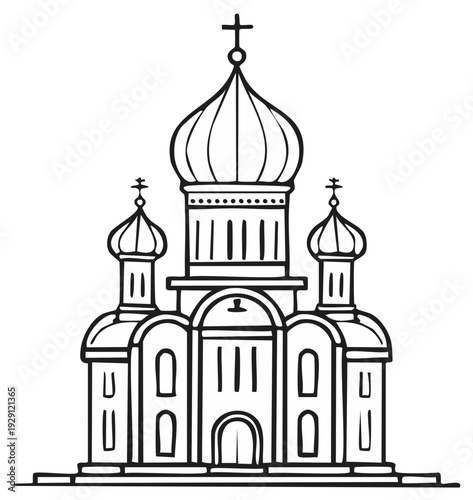 Black and white illustration of an Orthodox church building with onion domes