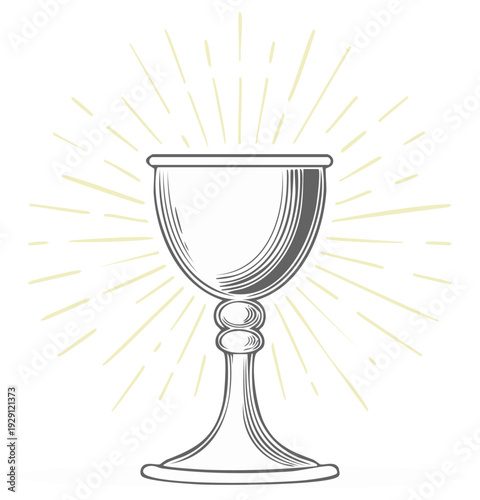Holy grail chalice illustration in vintage engraving style with radiant light