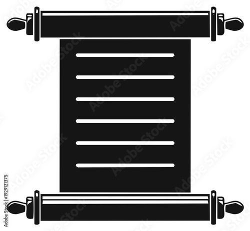 Black and white illustration of an ancient scroll with text.