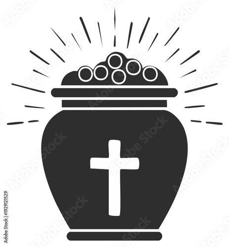 Gleaming Pot of Gold with Christian Cross Symbol Radiating Light