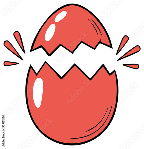 Bright Red Egg Cracks Open with Jagged Edges and Splatter Effects