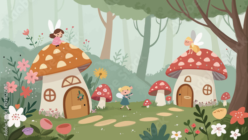 Whimsical fairy houses in enchanted forest with mushroom roofs