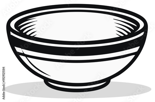 Simple black and white drawing of an empty ceramic bowl with bold stripes