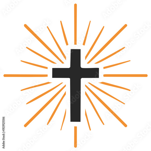 Glowing Christian Cross Symbol radiates light, depicting faith, spirituality, and divinity in simple vector illustration.