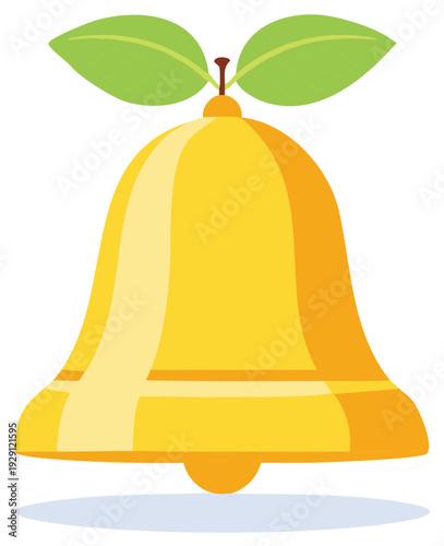 Shiny yellow bell icon with green leaves and tiny clapper perfect for alerts and celebrations