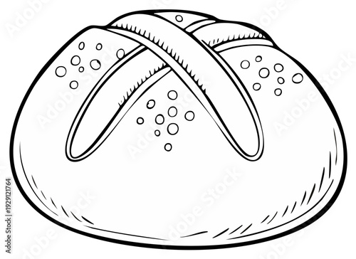 Line art illustration of a round loaf of bread with crisscross scoring and air bubbles