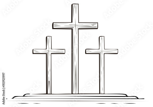 Hand drawn illustration of three wooden crosses on a stylized hill, symbolizing Christian faith and sacrifice