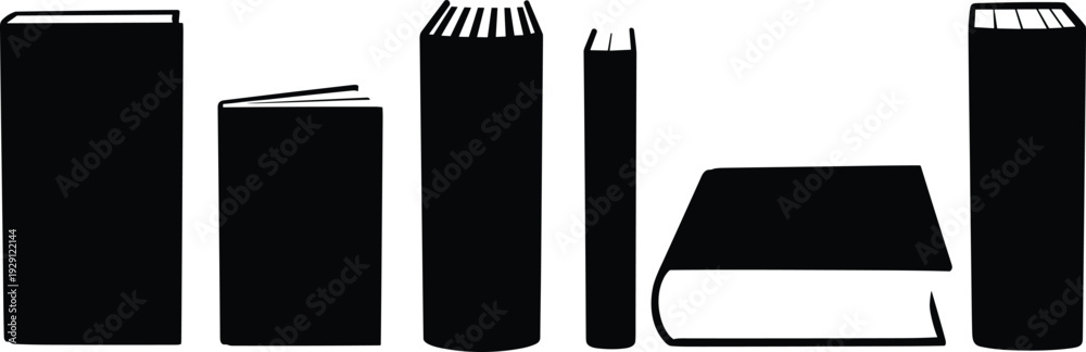Naklejka premium Book silhouettes set, upright and flat books, open and closed volumes, literature icons, education design elements, academic illustration collection