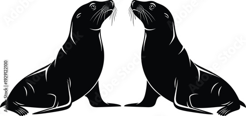 Black-and-white vector silhouette illustration of two symmetrical sea lions facing each other with whiskers, symbolizing marine life, wildlife, symmetry, and decorative design themes