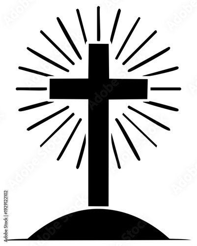 Christian cross silhouette with radiant light rays on a hill