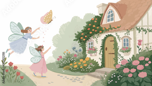 Charming fairies dancing near beautiful cottage garden