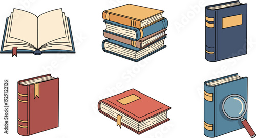 Book illustration collection with open pages, stacked colorful covers, magnifying glass detail, creative education design, artistic storytelling concept, literature inspiration bundle