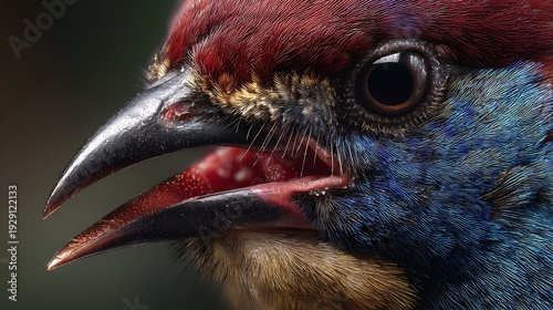 Extreme close up reveals vibrant plumage and open beak of a tropical avian specimen