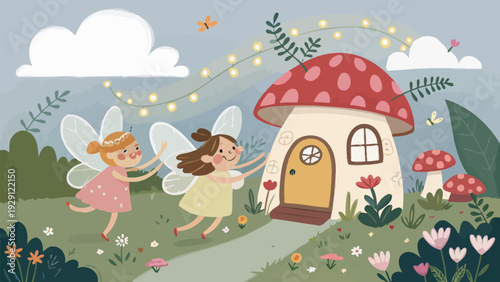 Whimsical fairies dancing near a charming mushroom house in a magical garden setting