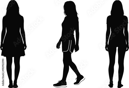 Black-and-white vector silhouette illustration of three people in different postures and clothing styles, symbolizing fashion, gesture, movement, and ergonomic design themes