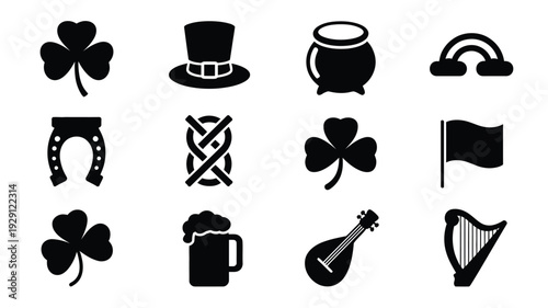 St patrick's day black silhouettes set with shamrocks pot of gold leprechaun hat and irish symbols on white background for festive designs