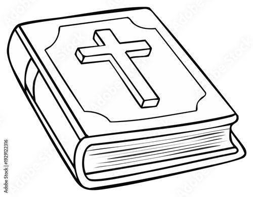 Clean Line Art Illustration of a Sacred Book with a Cross Emblem on its Cover
