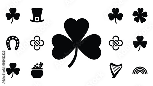Collection of flat black vector icons for st patrick's day including shamrocks leprechaun hat horseshoe pot of gold and harp on white background
