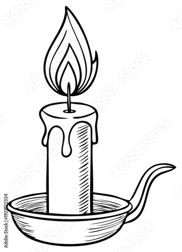 Elegant Glowing Candle Flame in Decorative Holder Detailed Vector Line Art