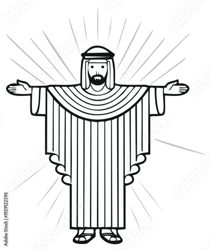 Religious figure illustration with open arms and radiating light, representing faith and hope.