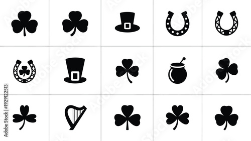 St patrick's day icons set including shamrocks horseshoes top hat pot of gold and harp on white background for luck and irish heritage celebration