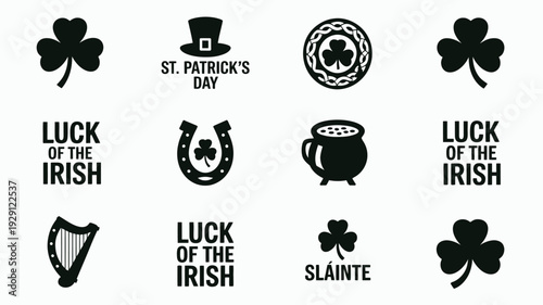 St patrick's day icons and phrases on white background luck of the irish symbols