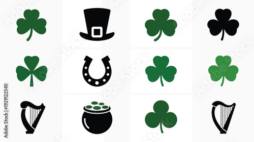 St patrick's day icons including shamrocks leprechaun hat horseshoe pot of gold and harp on white background
