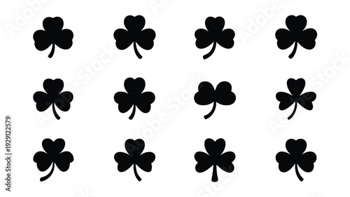 St patrick's day silhouette graphic black four leaf clover shapes on white background for lucky holiday decorations and designs