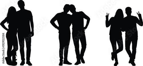 Black and white silhouettes of happy couples standing together and posing with peace signs for romantic lifestyle and social friendship design