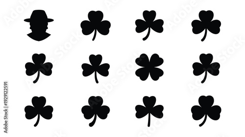 St patrick's day silhouettes of shamrocks and top hat on white background for luck and celebration
