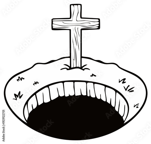 Cartoon open grave with wooden cross on grassy mound symbolizing death and afterlife concept