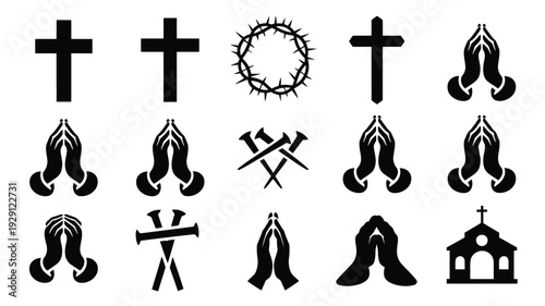Good friday themed silhouettes including crosses praying hands crown of thorns and church icons on white background for easter or religious concepts