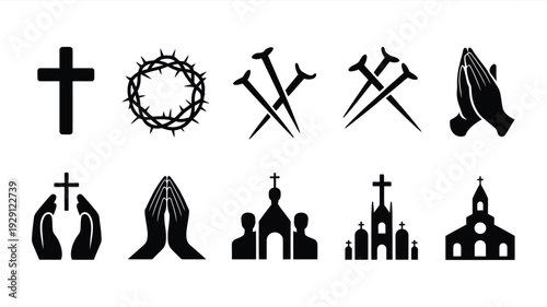 Good friday themed silhouettes including crosses praying hands churches crown of thorns nails and swords on white background for easter or religious concepts