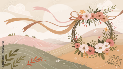 Vibrant floral wreath on rolling hills with flowing ribbons