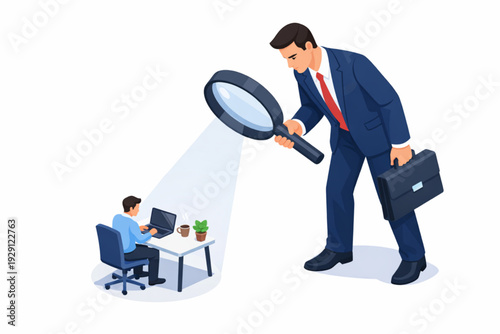 Businessman examining employee at work with magnifying glass