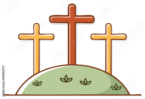 Three crosses stand on a grassy hill against a white background