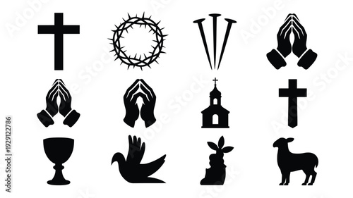 Christianity symbols and icons set including cross crown of thorns praying hands church chalice dove lamb and more on white background for religious and faith concepts