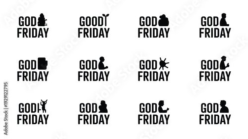 Collection of twelve unique good friday silhouette designs with various christian symbols and text on white background perfect for religious themes and easter content