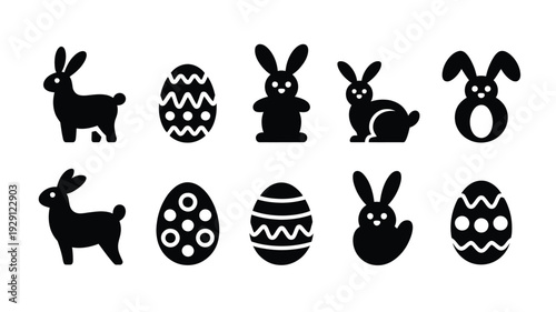 Easter celebration symbols featuring black silhouettes of bunnies and decorated eggs on white background for holiday designs