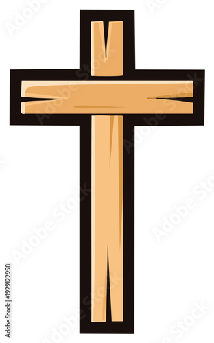 Stylized wooden cross with textured grain, representing Christian faith and spirituality symbol isolated on white