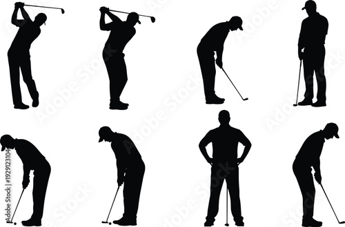 Black-and-white vector silhouette illustration of eight golf poses including swing and putting stances, symbolizing sport, technique, posture, and athletic lifestyle themes
