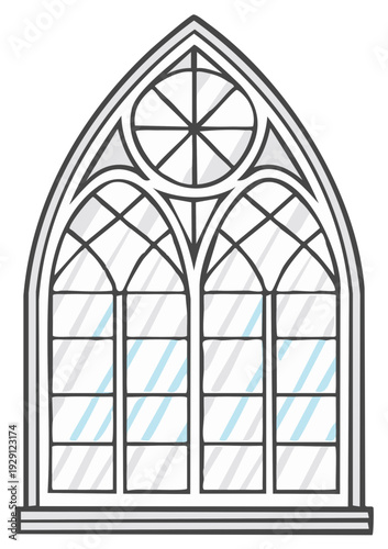 Cartoon illustration of a gothic arched window with geometric design and leaded glass